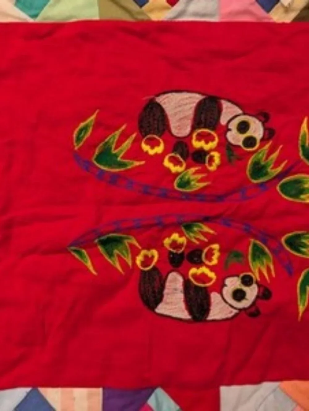 Vintage Chinese Embroidered Patchwork Quilt Blanket Dragon Panda Silk Throw